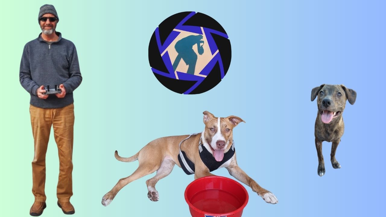 John Giammarco with drone controller and dogs Karma and Lily